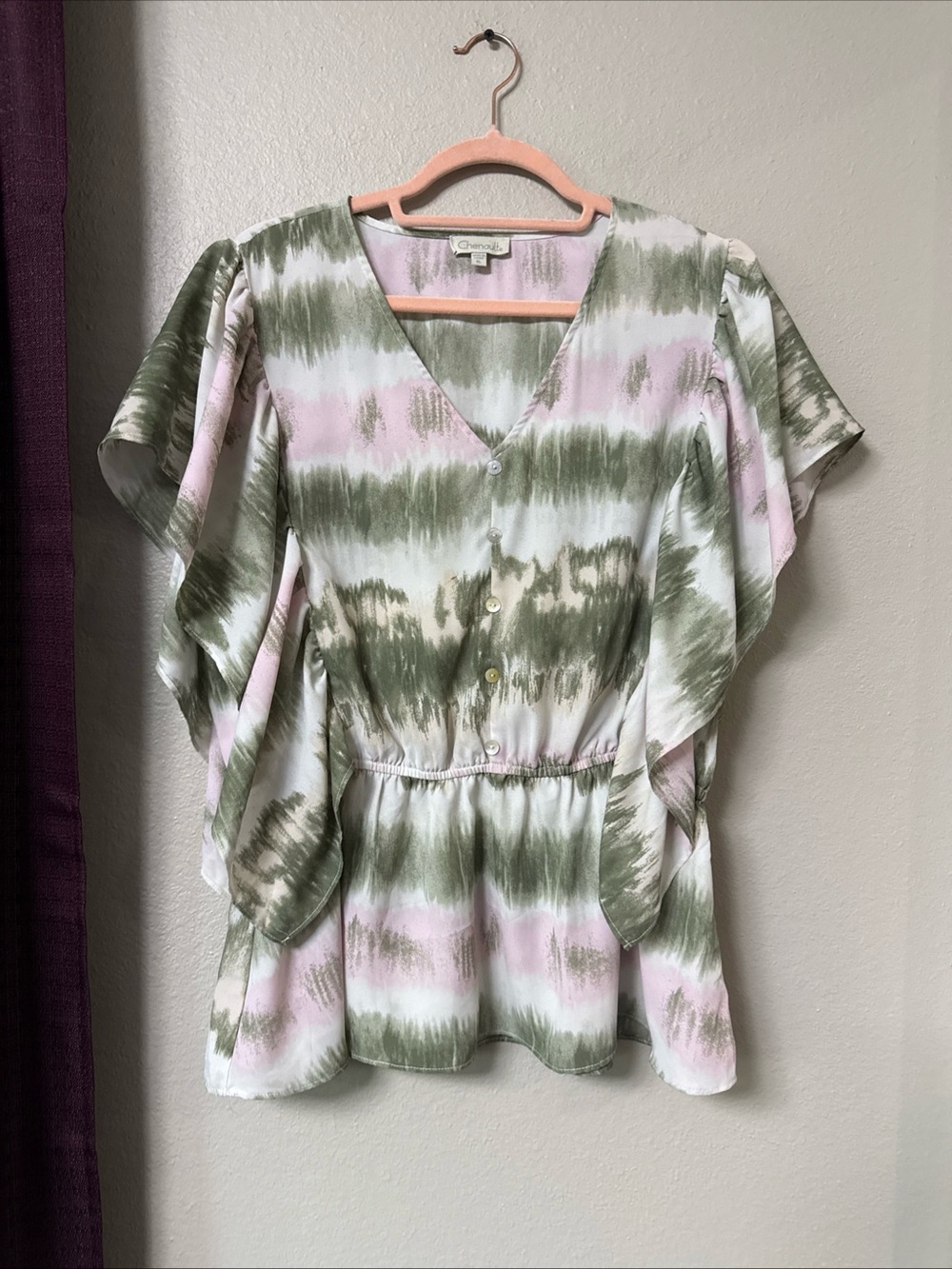 #857 Chenault Tie-Dye Ruffle Sleeve Blouse Size Xl
